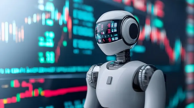 IOST Terminal AI operator — white robot whose visor streams live market data